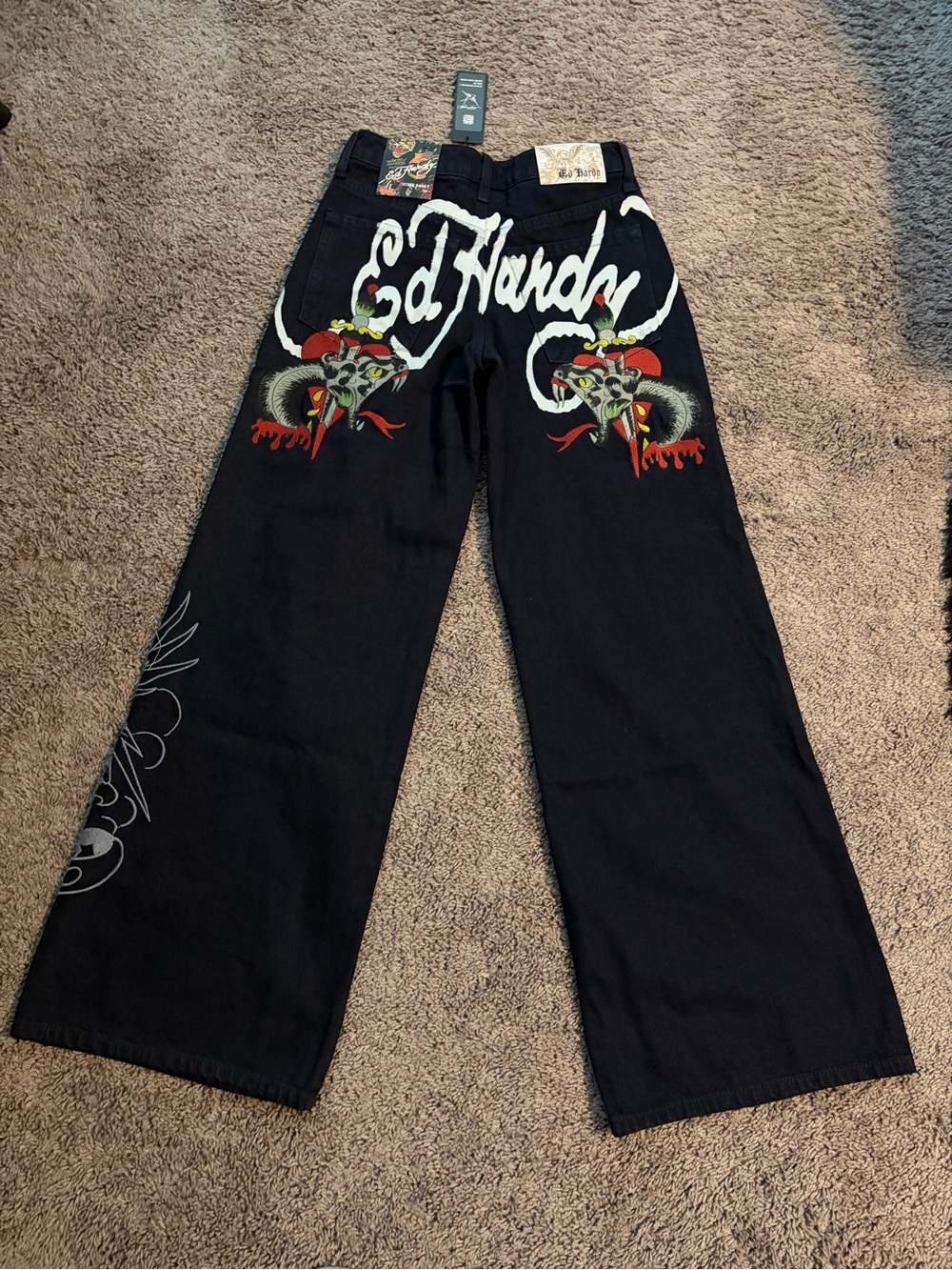 Ed Hardy Dark Blue Jeans with White Script and Red Accent Graphics